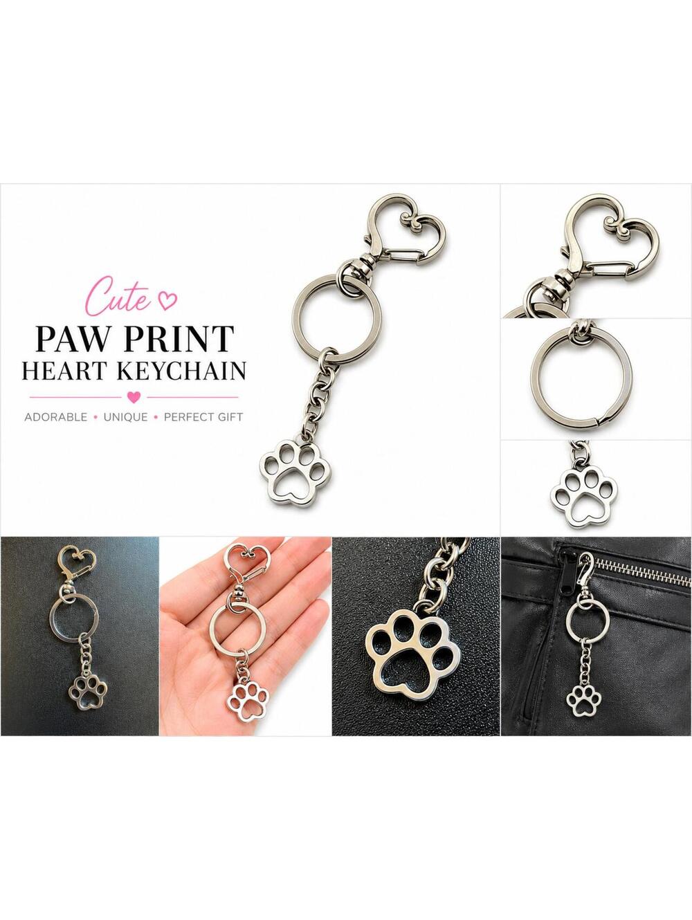 Paw Print Heart Keychain Silver Tone Pet Lover Charm